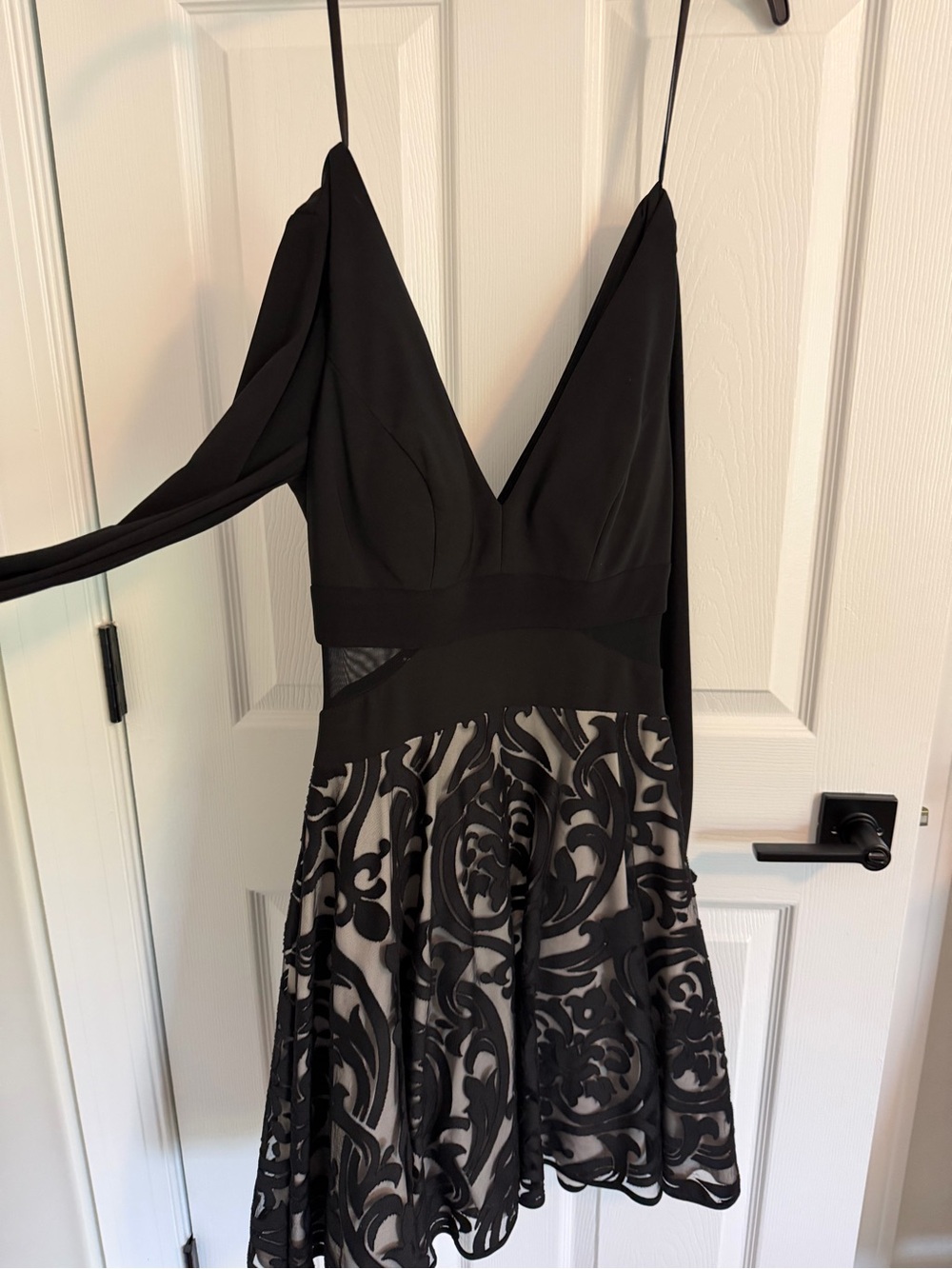 Xscape Black V-Neck Spaghetti Strap Fit & Flare Dress with Patterned Overlay